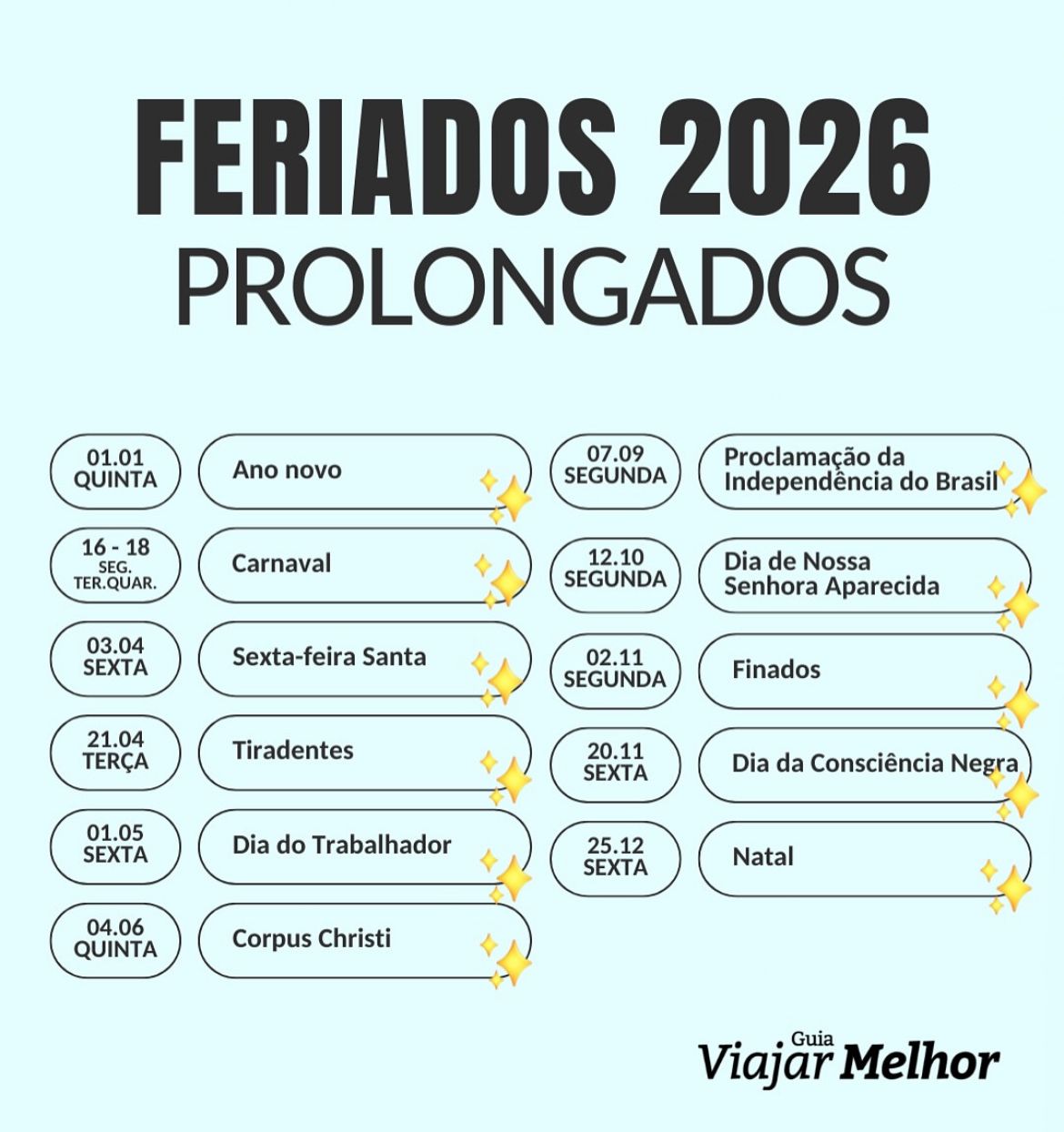 Brasil terá 11 feriados prolongados em 2026; veja as datas para se ...